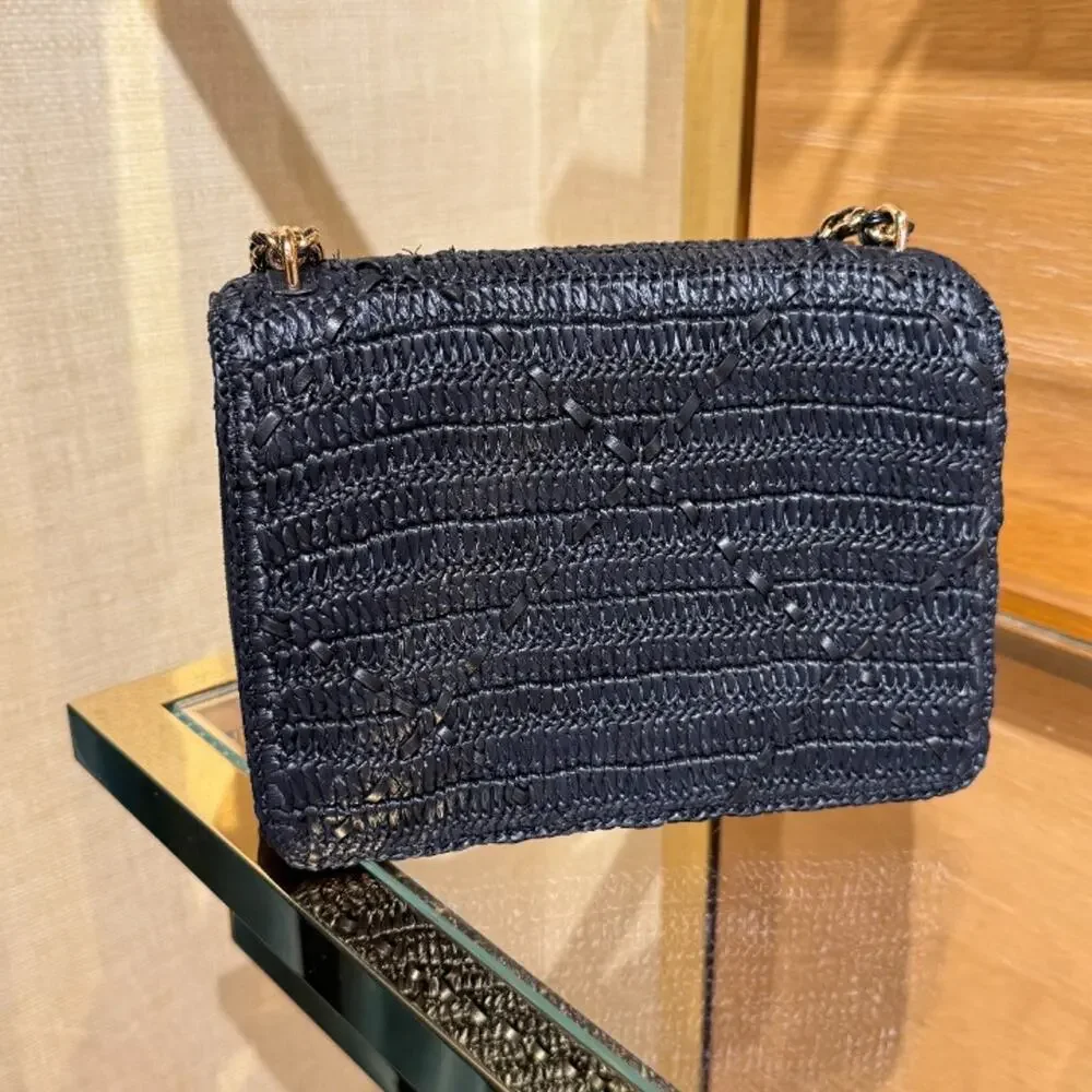 NEW‼️Tory Burch Britten Raffia Crochet Small Shoulder Bag 183122 $670 Black